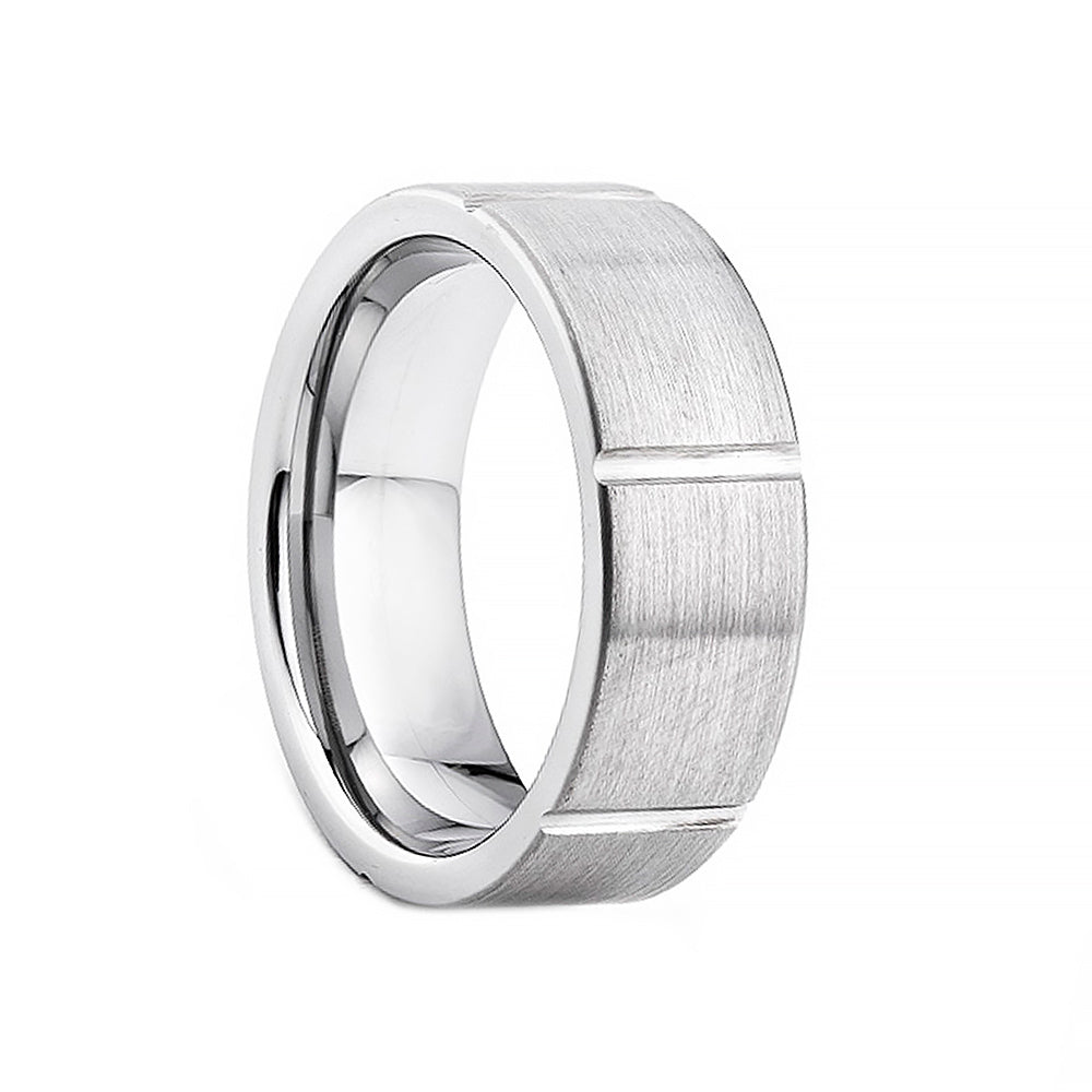 Brushed Tungsten Mens Wedding ring with horizontal grooves - Victoria's Jewellery