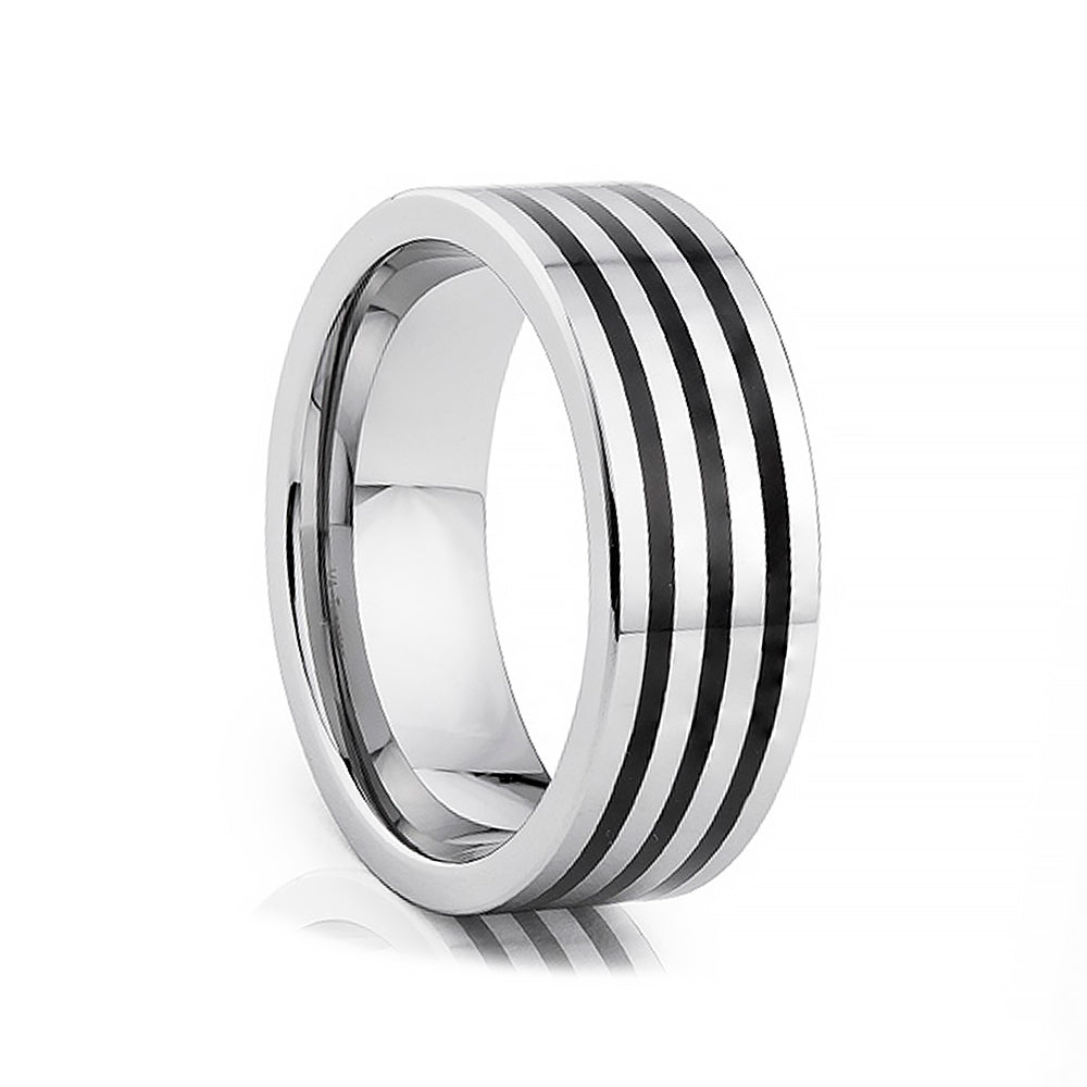 Oliver, a Three Row Black and Silver Tungsten Men's Ring - 8mm