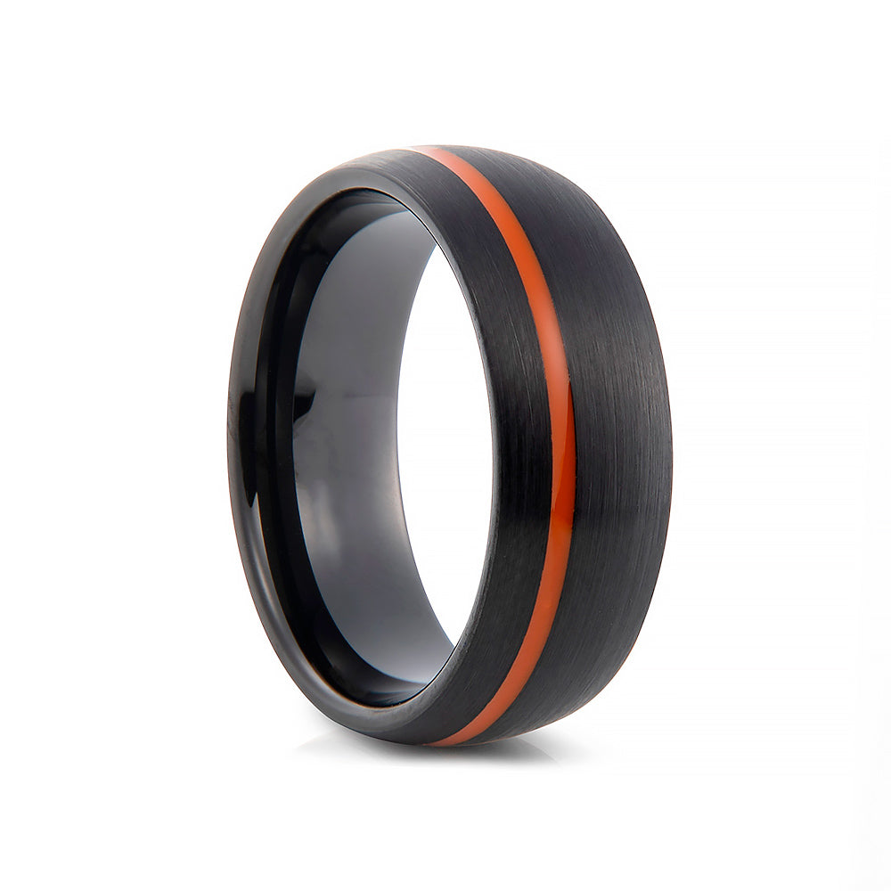 Black Bushed Tungsten Mens Wedding Ring with Orange Racing Stripe - Victoria's Jewellery