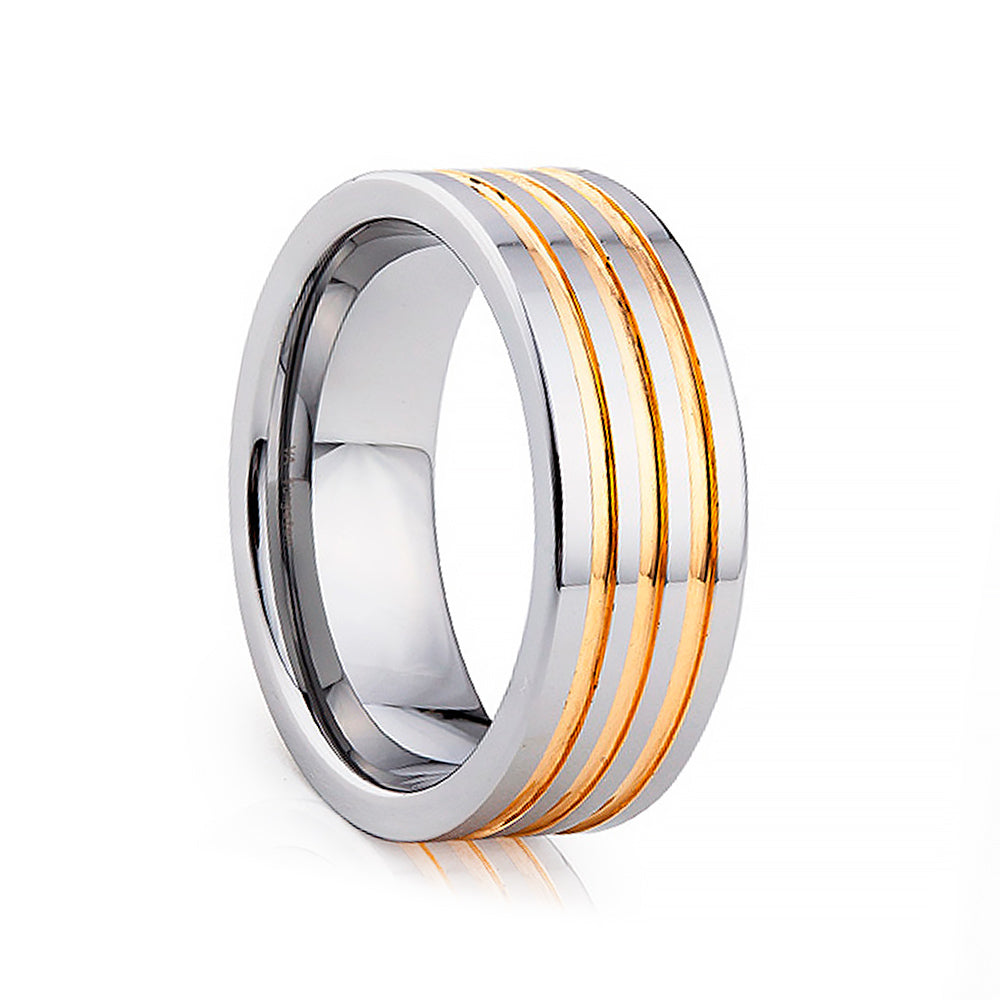 Silver tungsten mens wedding ring with yellow gold grooves - Victoria's Jewellery