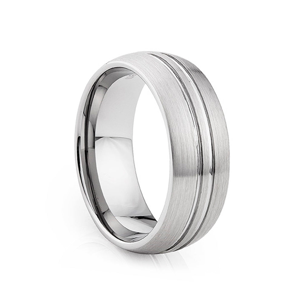 Double Groove Brushed Silver Tungsten Mens Wedding Ring - Victoria's Jewellery