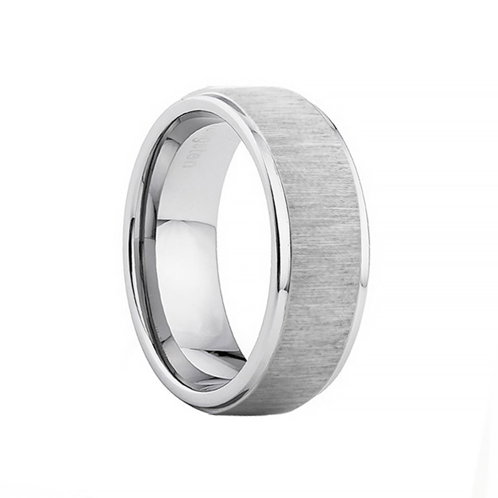 Silver brushed tungsten mens wedding ring with a bevelled edge - Victoria's Jewellery