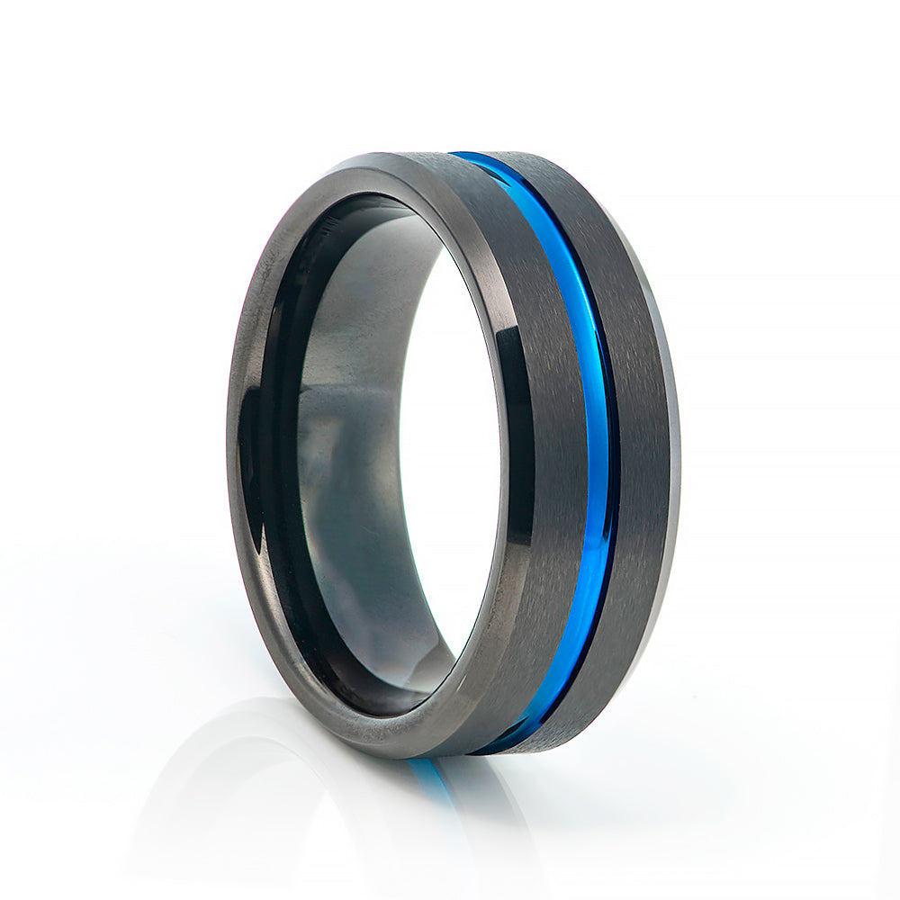 Blue Groove Black Brushed Tungsten Mens Wedding Ring - Victoria's Jewellery