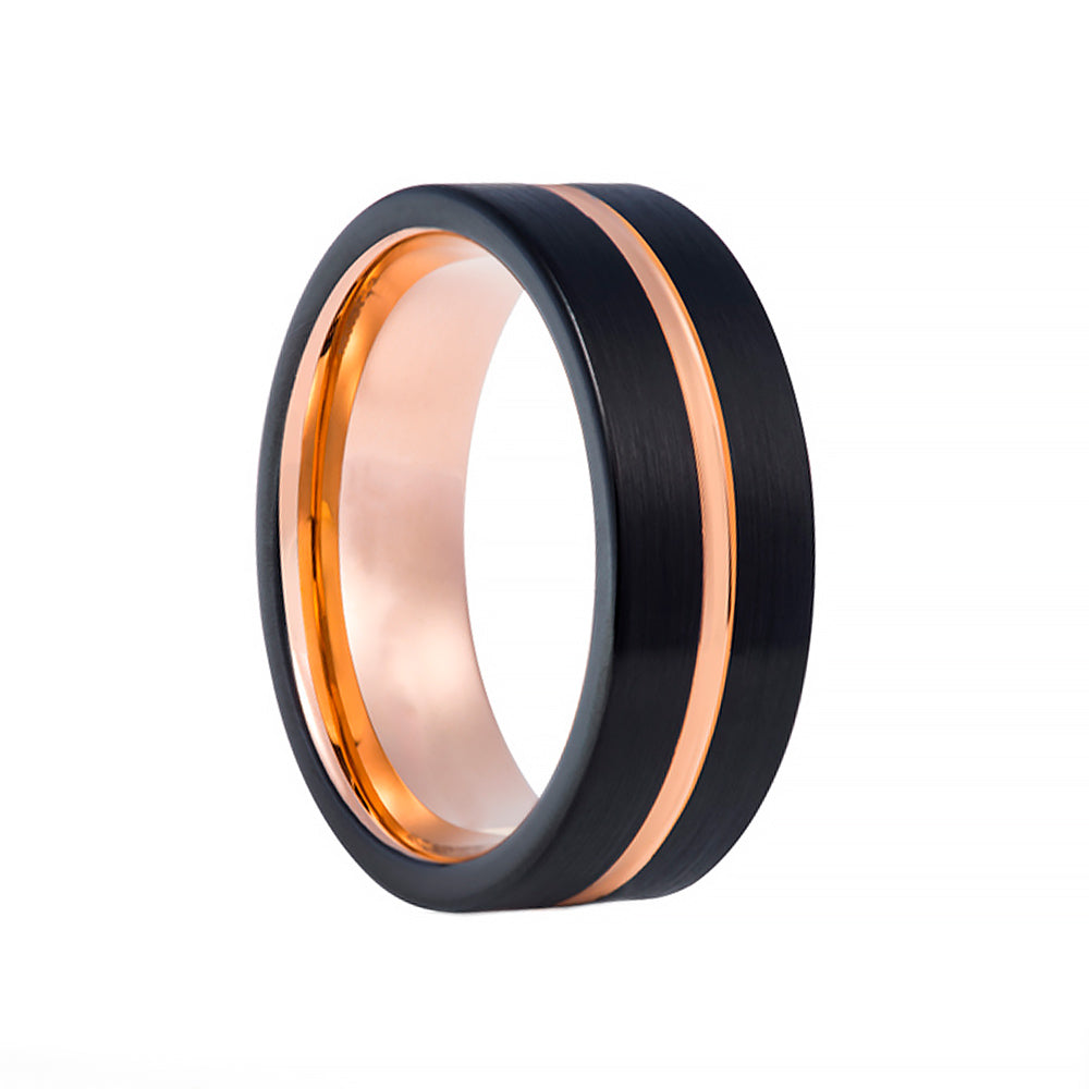 Black tungsten mens wedding ring with rose gold groove and inner - Victoria's Jewellery