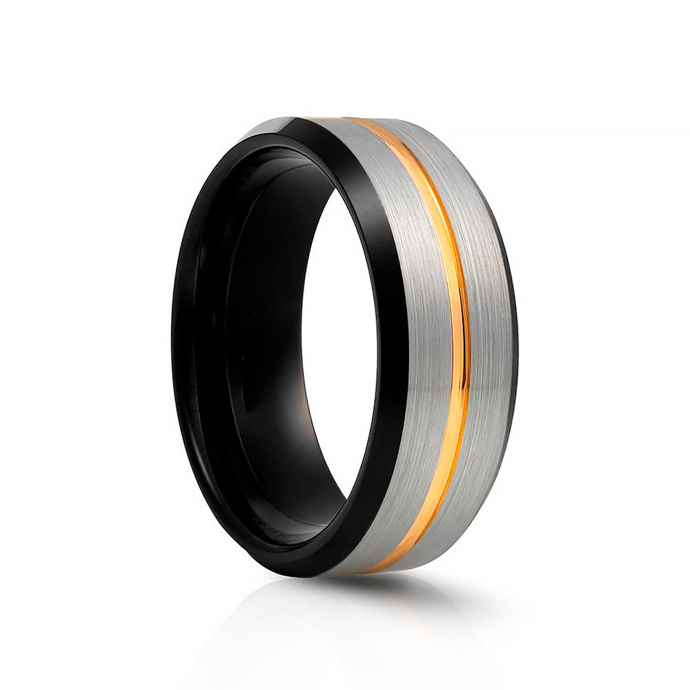 Silver, Black and Gold Tungsten Mens Wedding Ring - Victoria's Jewellery