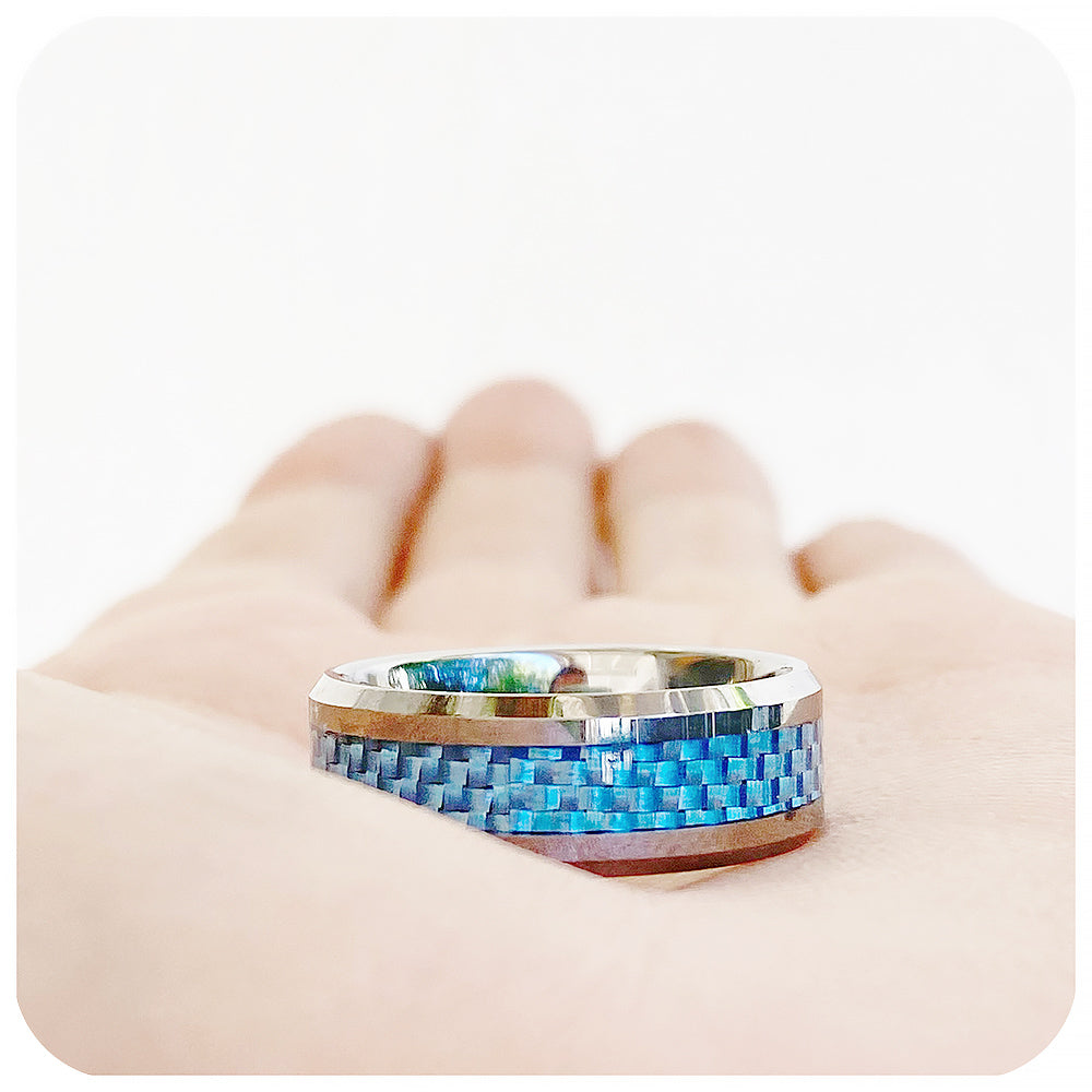 Blue Carbon Fibre and Tungsten Mens Wedding Ring - Victoria's Jewellery