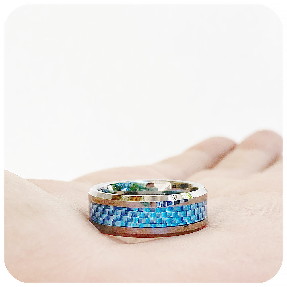 Blue Carbon Fibre and Tungsten Mens Wedding Ring - Victoria's Jewellery