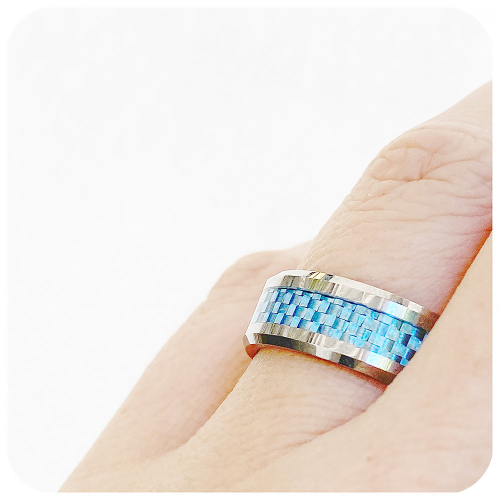Blue Carbon Fibre and Tungsten Mens Wedding Ring - Victoria's Jewellery