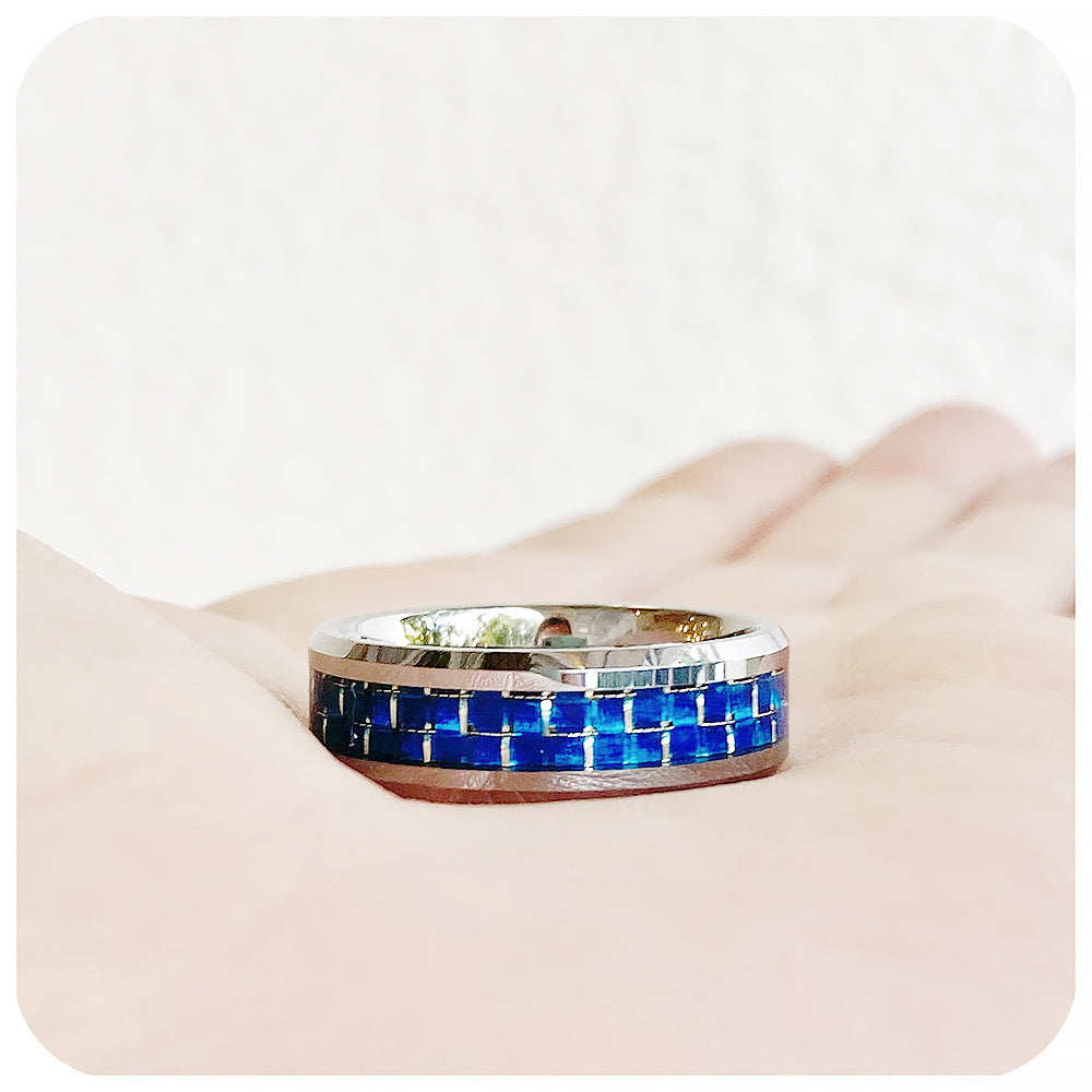 Blue Carbon Fibre and Tungsten Mens Wedding Ring - Victoria's Jewellery
