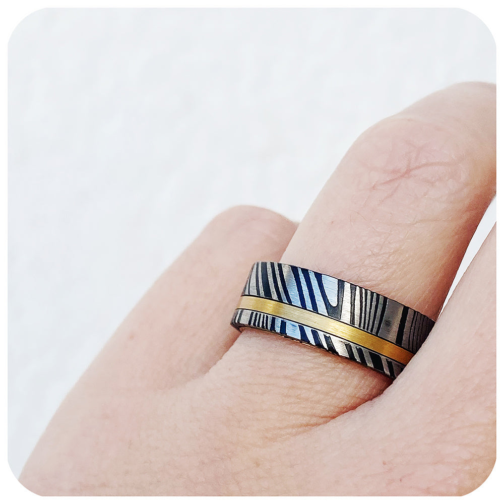 Black, white and yellow gold damascus style mens tungsten wedding ring - Victoria's Jewellery