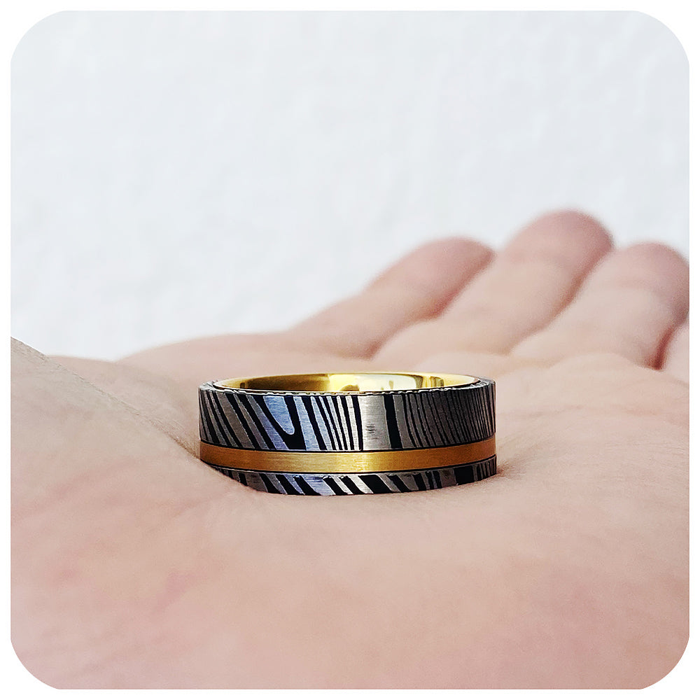 Black, white and yellow gold damascus style mens tungsten wedding ring - Victoria's Jewellery
