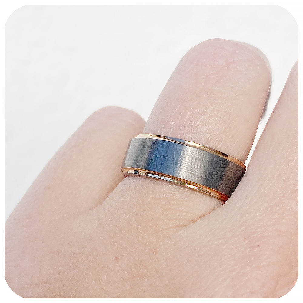 Brushed Silver and Gold Tungsten Mens Wedding Ring - Victoria's Jewellery