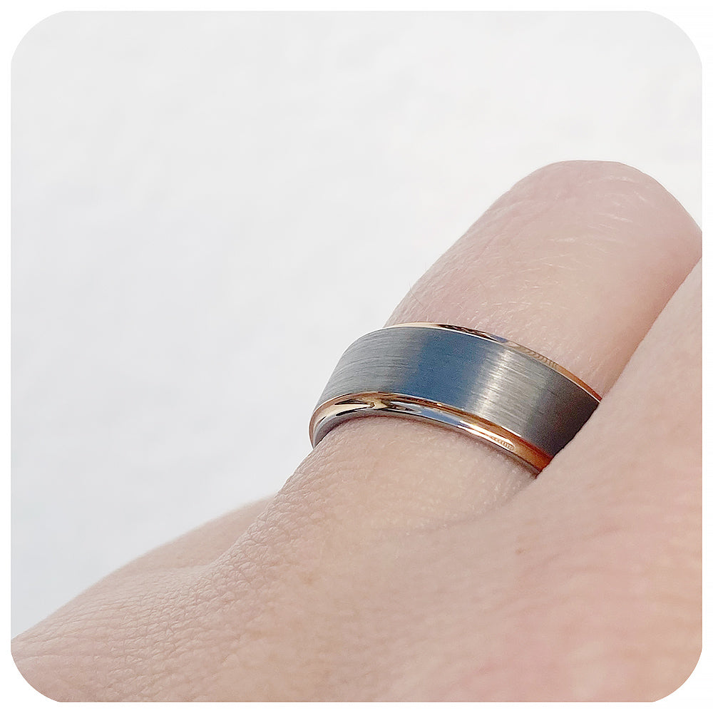 Brushed Silver and Gold Tungsten Mens Wedding Ring - Victoria's Jewellery