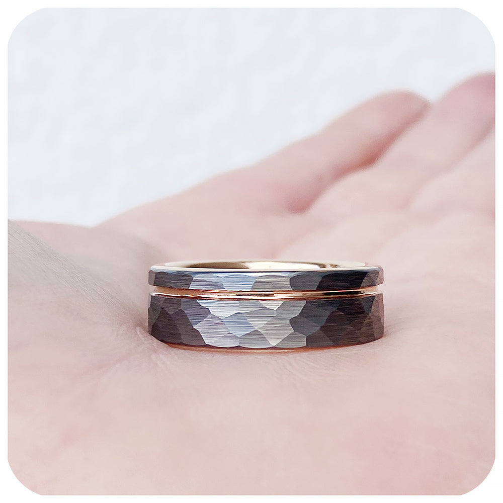 Hammered Tungsten and Rose Gold Mens Wedding Ring - Victoria's Jewellery