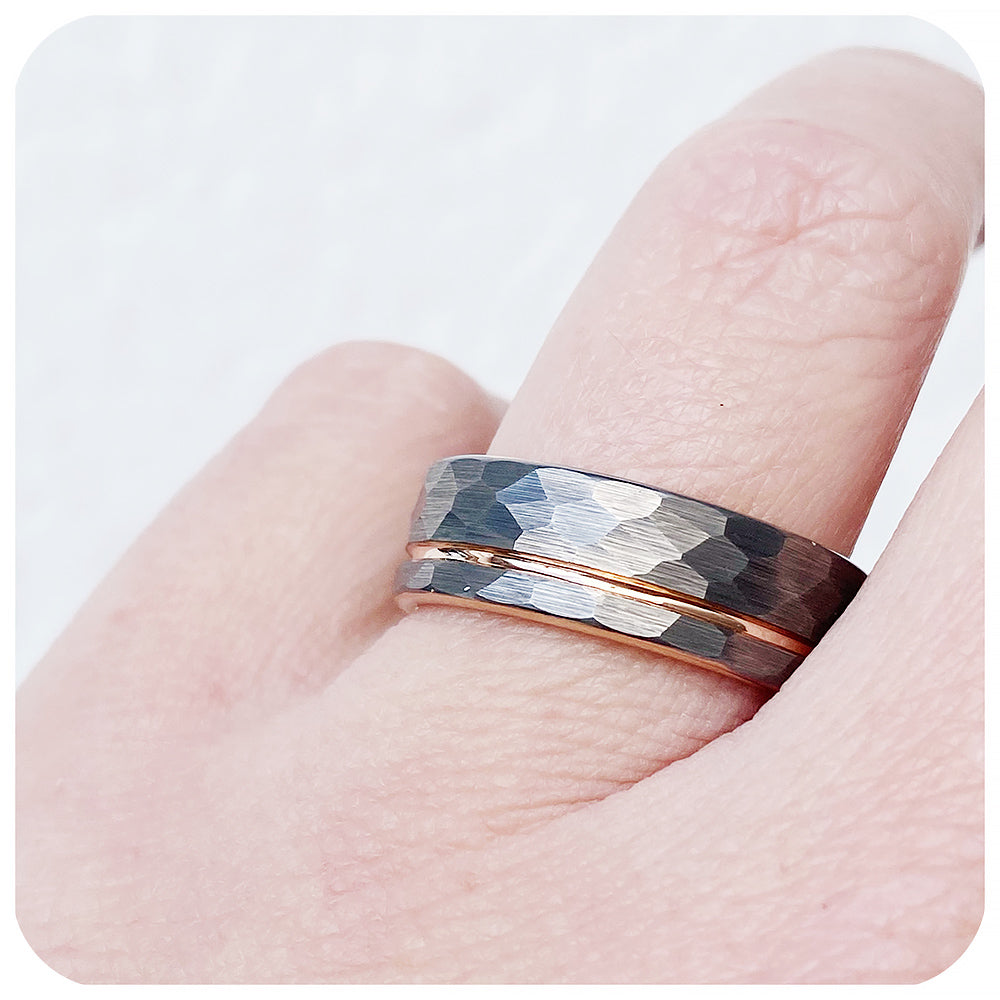 Hammered Tungsten and Rose Gold Mens Wedding Ring - Victoria's Jewellery