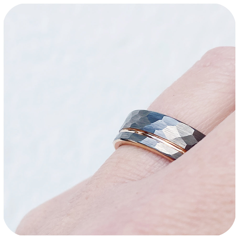 Hammered Tungsten and Rose Gold Mens Wedding Ring - Victoria's Jewellery