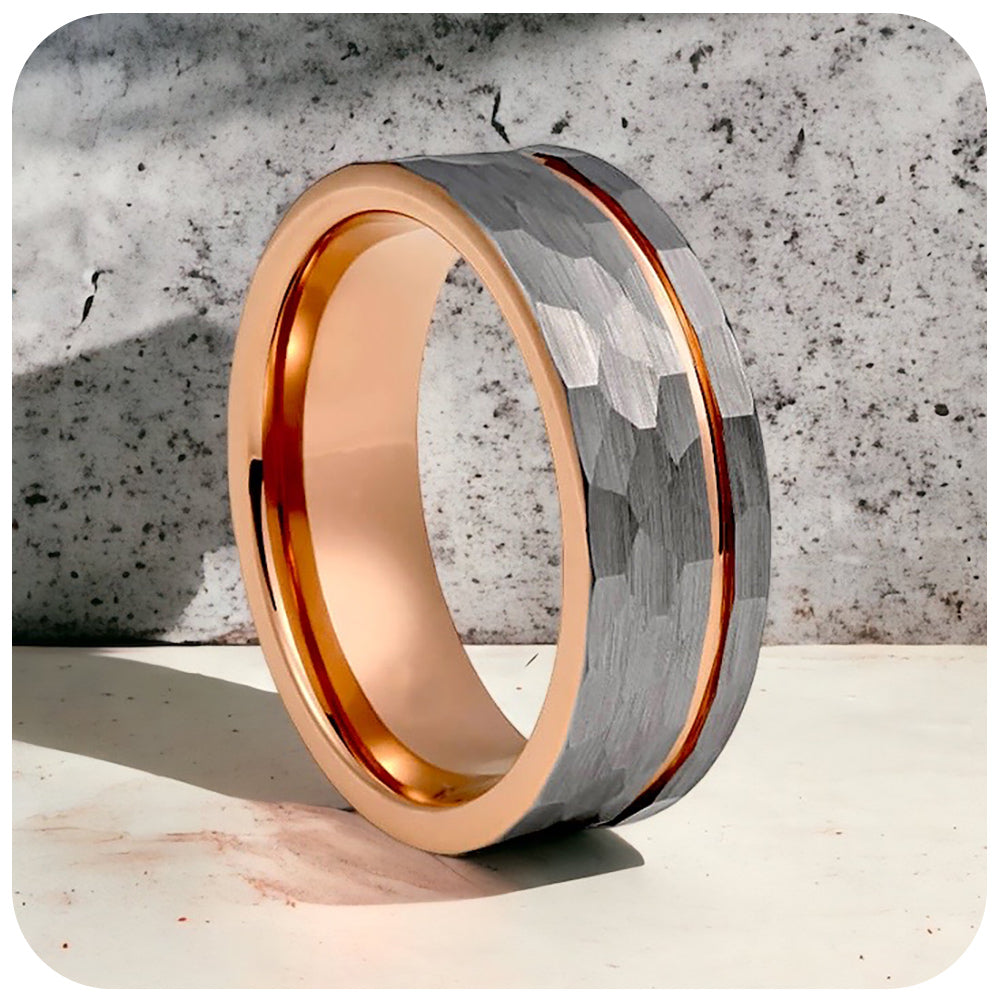 Hammered Tungsten and Rose Gold Mens Wedding Ring - Victoria's Jewellery