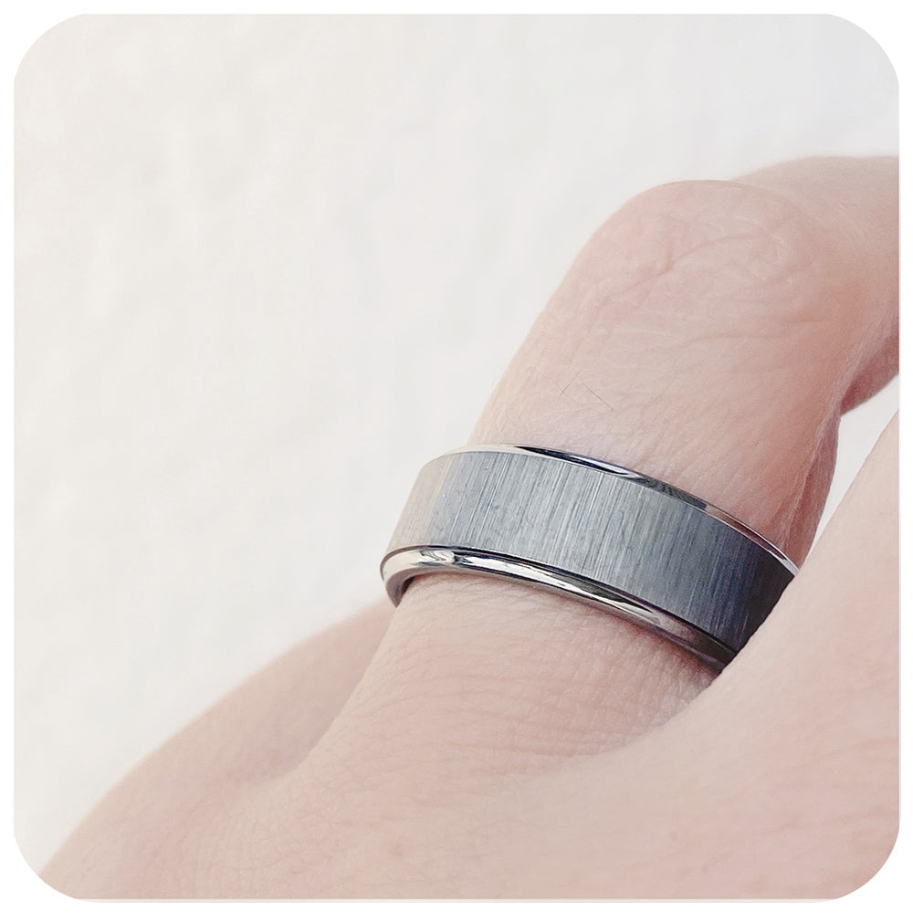 Silver brushed tungsten mens wedding ring with a bevelled edge - Victoria's Jewellery