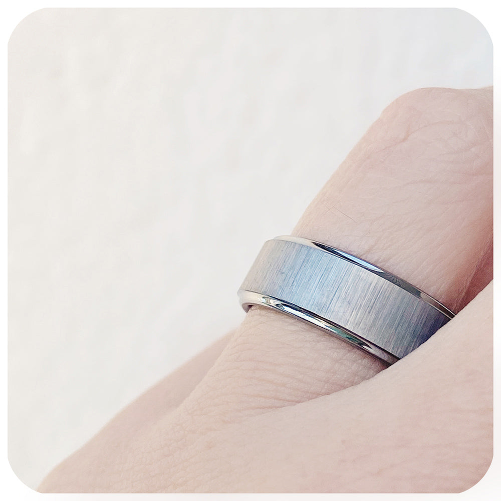 Silver brushed tungsten mens wedding ring with a bevelled edge - Victoria's Jewellery