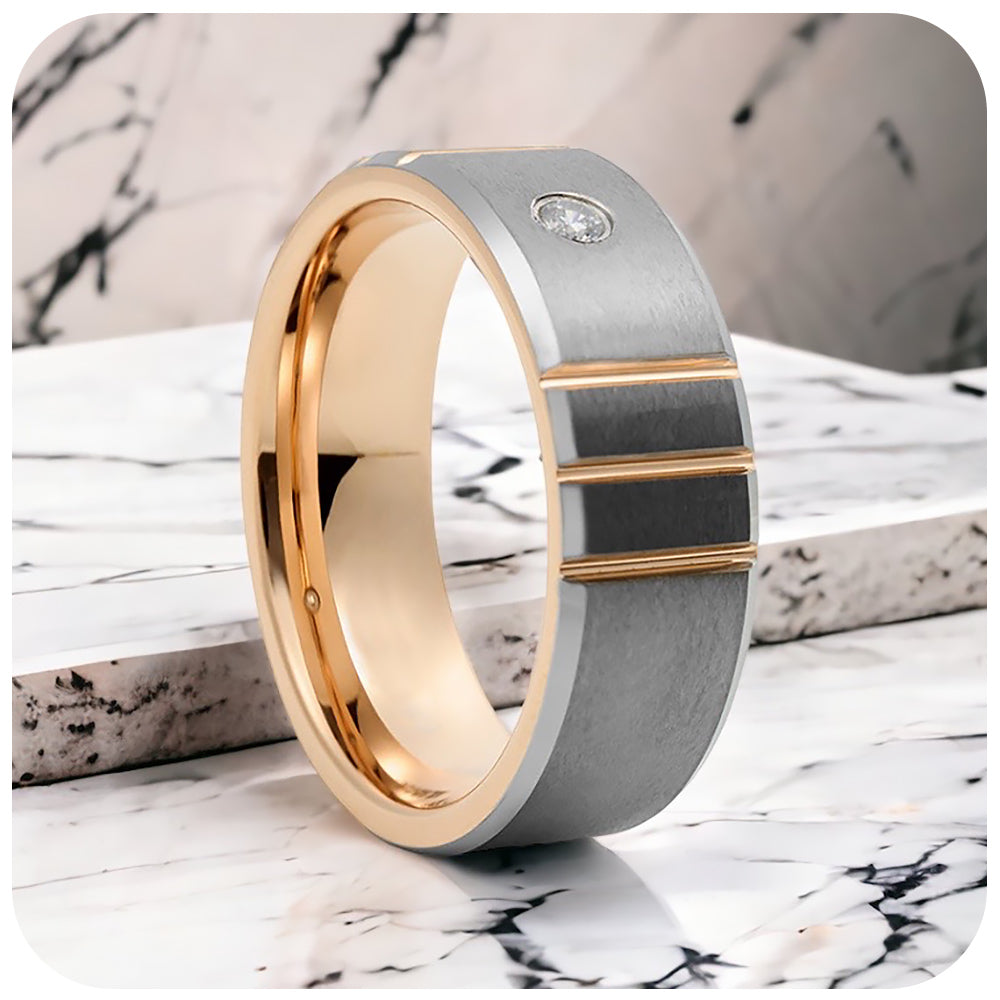Tungsten mens wedding ring with silver brushed finish and rose gold plating, featuring a cubic zirconia stone - Victoria's Jewellery
