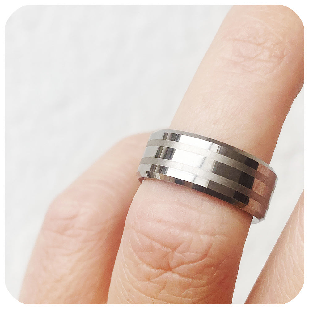 Brushed and Polished Silver Tungsten Mens Wedding Ring - Victoria's Jewellery