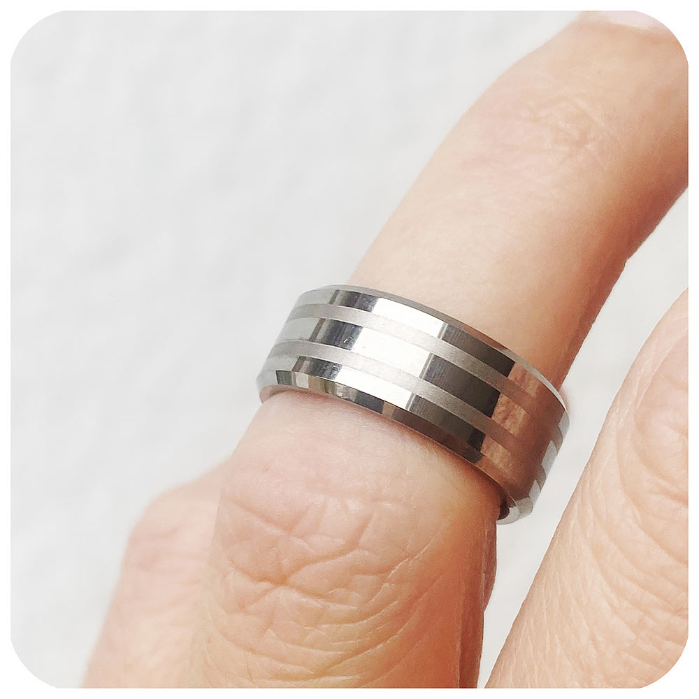 Brushed and Polished Silver Tungsten Mens Wedding Ring - Victoria's Jewellery