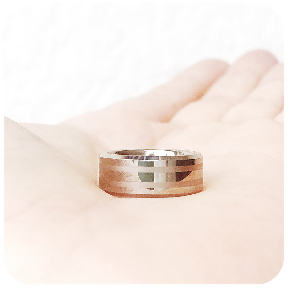 Brushed and Polished Silver Tungsten Mens Wedding Ring - Victoria's Jewellery