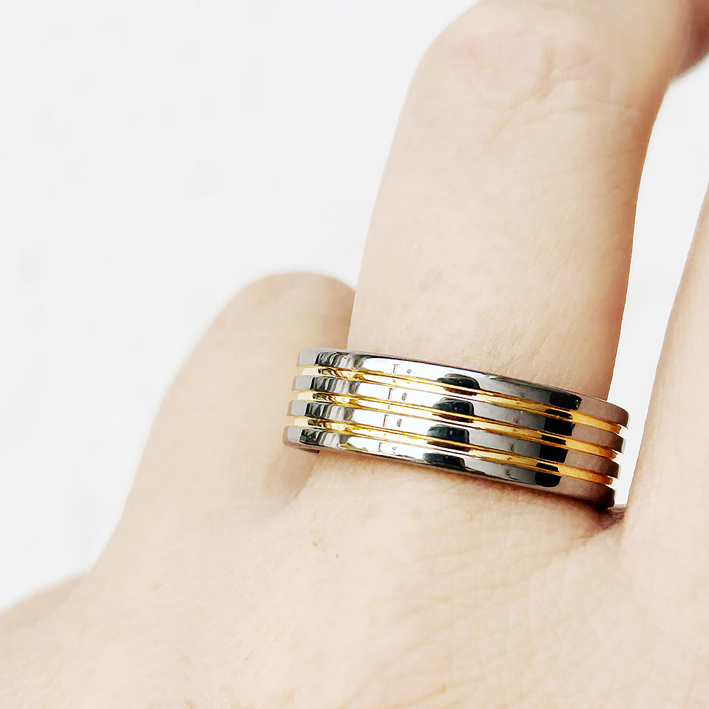 Silver tungsten mens wedding ring with yellow gold grooves - Victoria's Jewellery