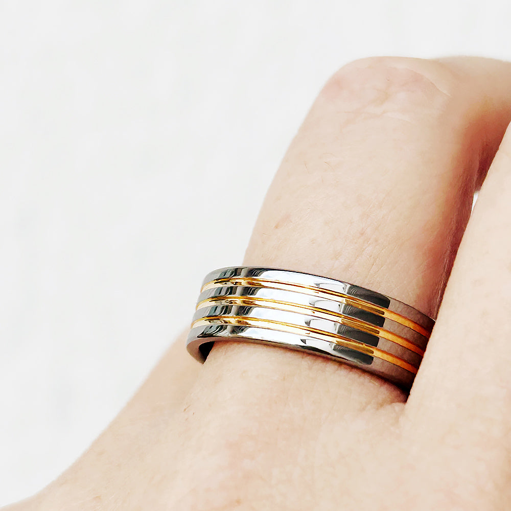 Silver tungsten mens wedding ring with yellow gold grooves - Victoria's Jewellery