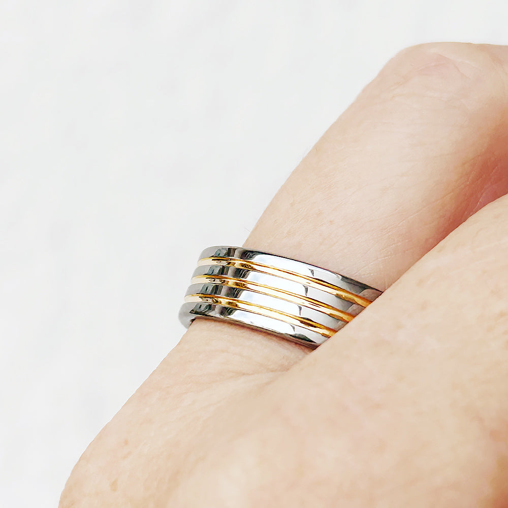 Silver tungsten mens wedding ring with yellow gold grooves - Victoria's Jewellery