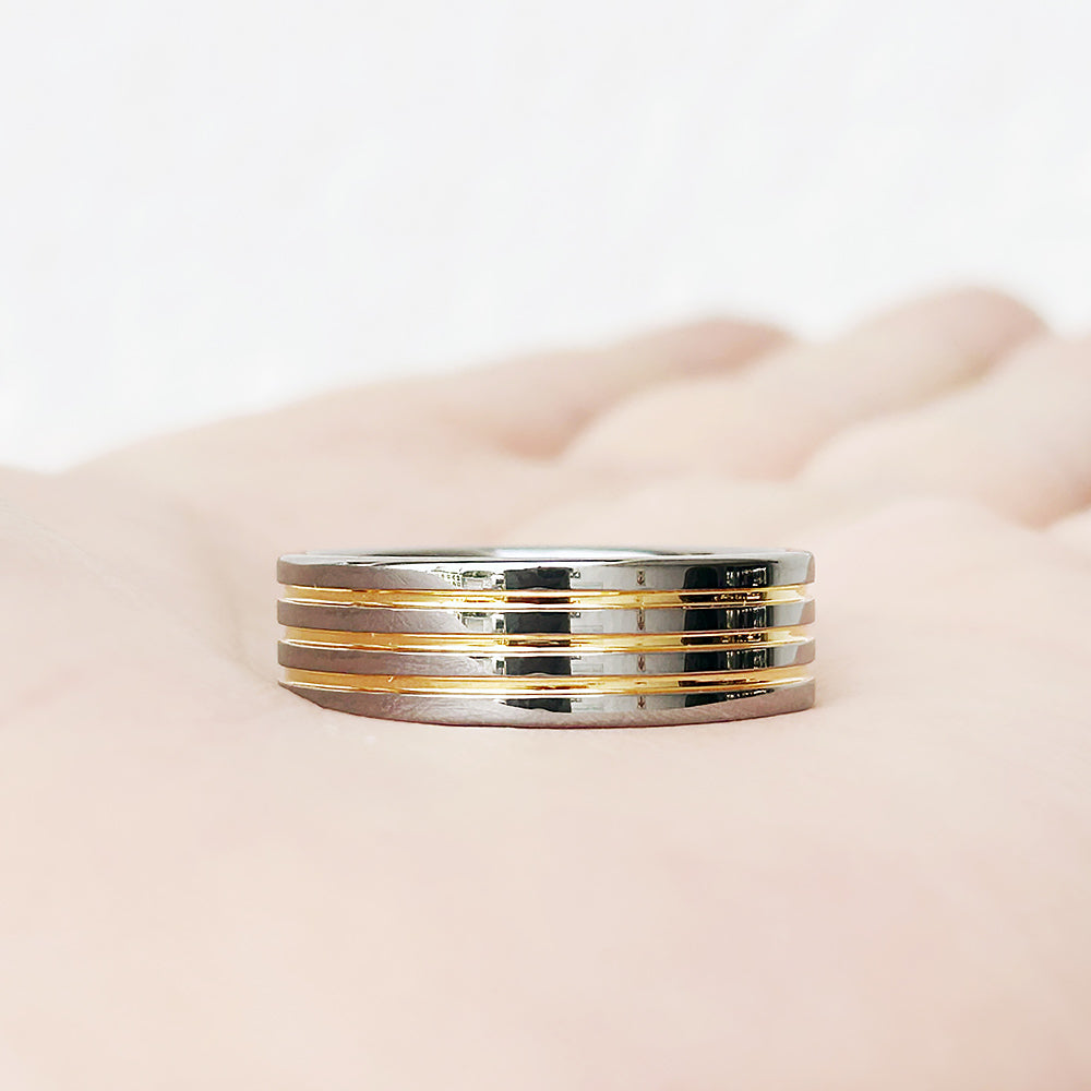 Silver tungsten mens wedding ring with yellow gold grooves - Victoria's Jewellery