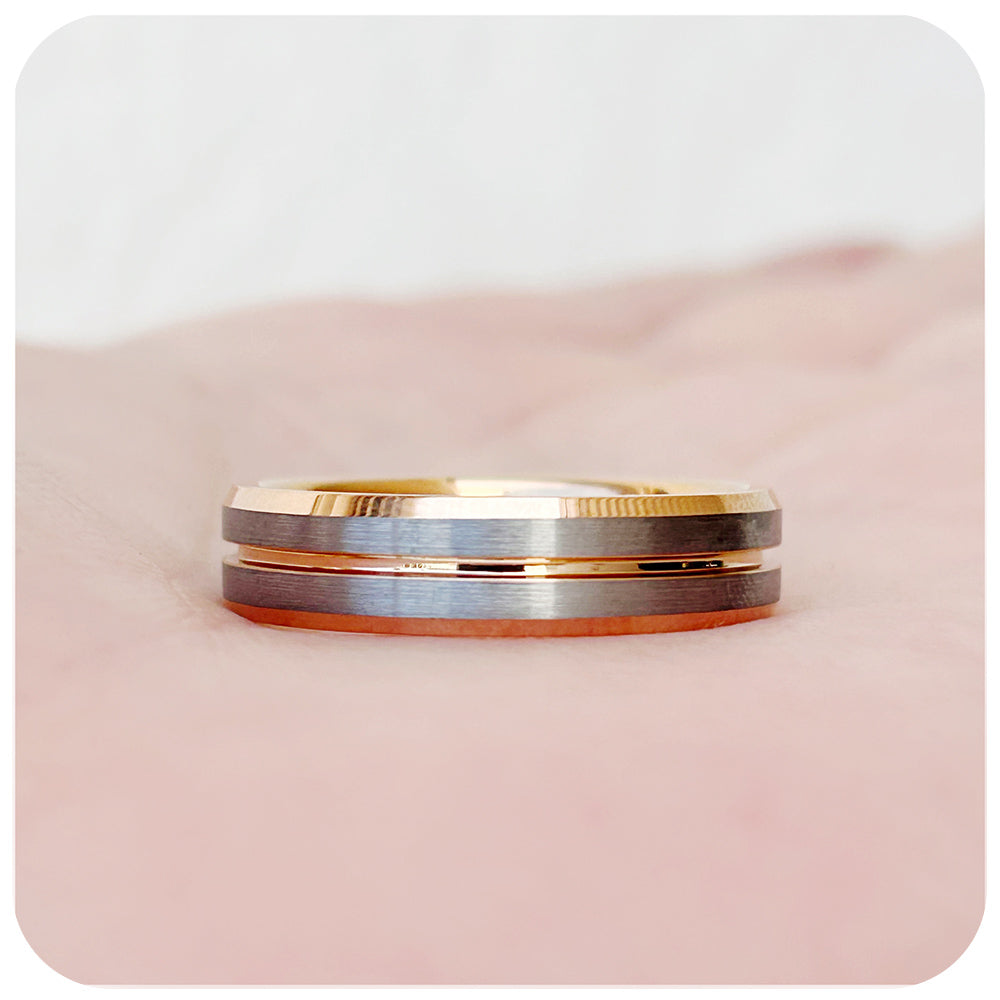Rose gold and brushed silver men's tungsten wedding ring - Victoria's Jewellery