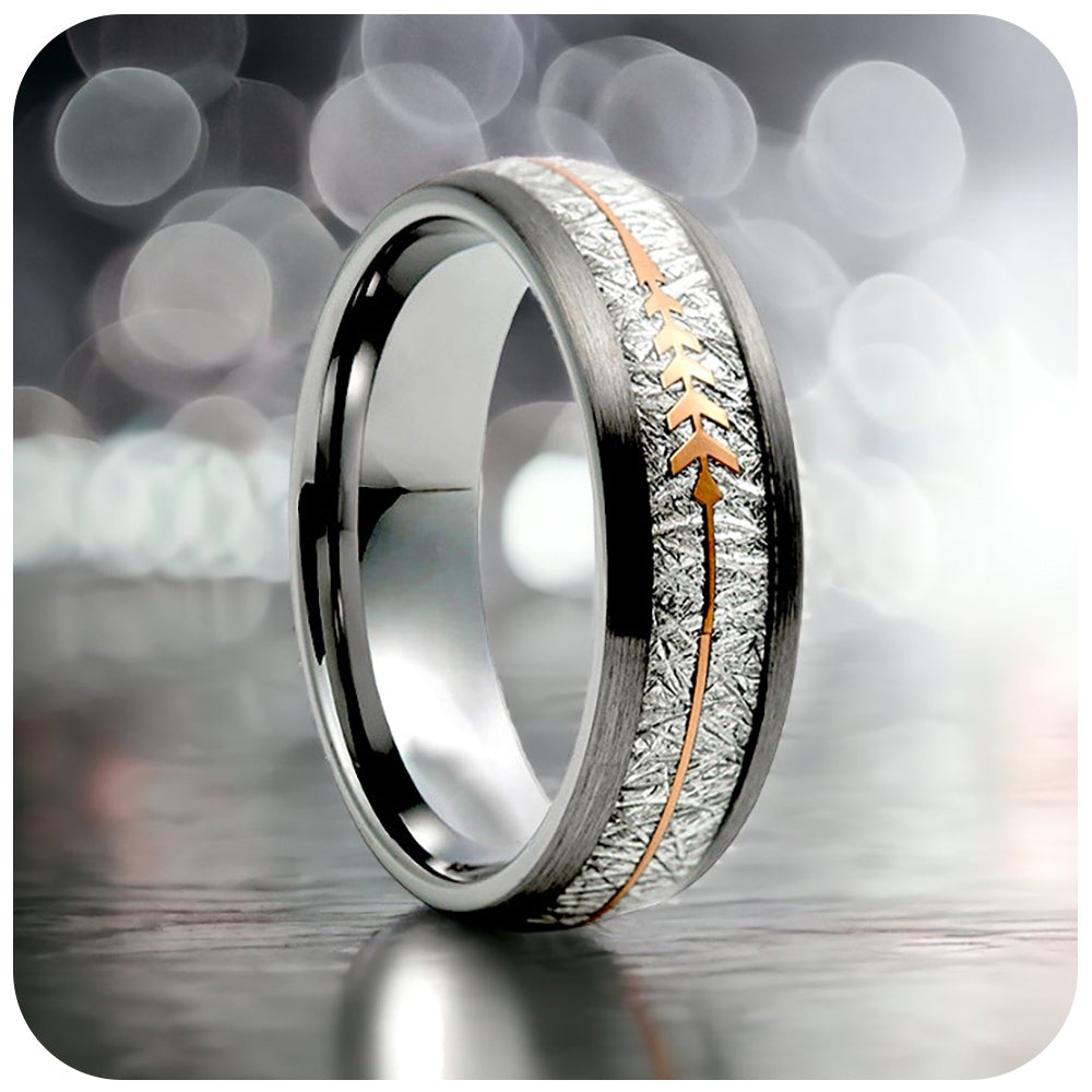Silver Meteorite and Rose Gold Arrow, Mens Tungsten Wedding Ring - Victoria's Jewellery