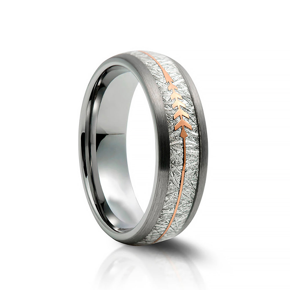Silver Meteorite and Rose Gold Arrow, Mens Tungsten Wedding Ring - Victoria's Jewellery