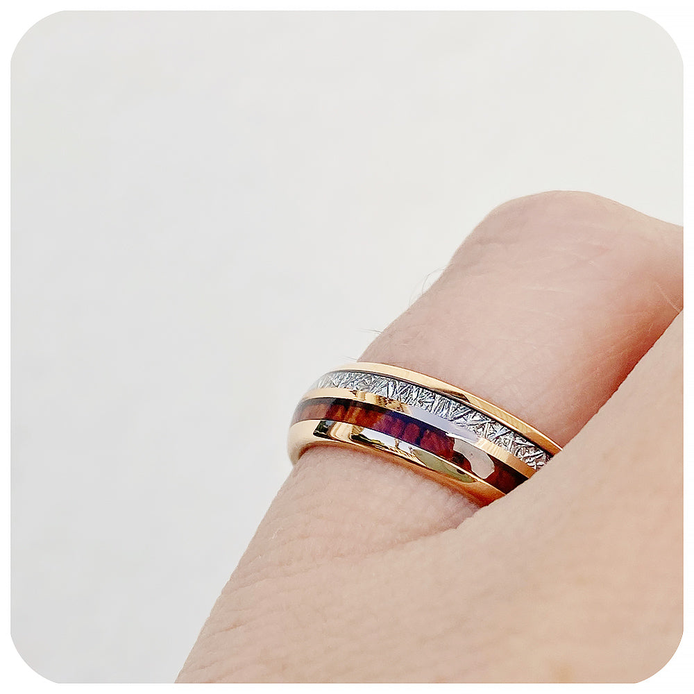 Wood, Meteorite and Tungsten Mens Wedding Ring - Victoria's Jewellery