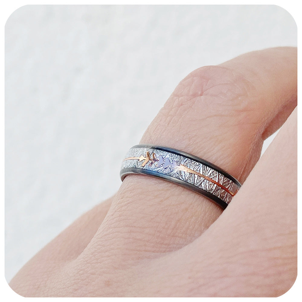Silver Meteorite and Rose Gold Arrow, Mens Tungsten Wedding Ring - Victoria's Jewellery