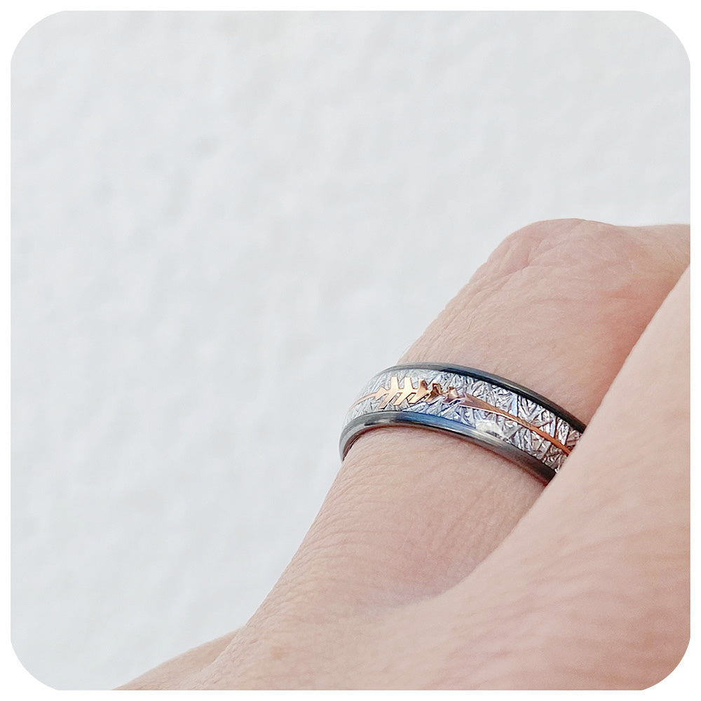 Silver Meteorite and Rose Gold Arrow, Mens Tungsten Wedding Ring - Victoria's Jewellery