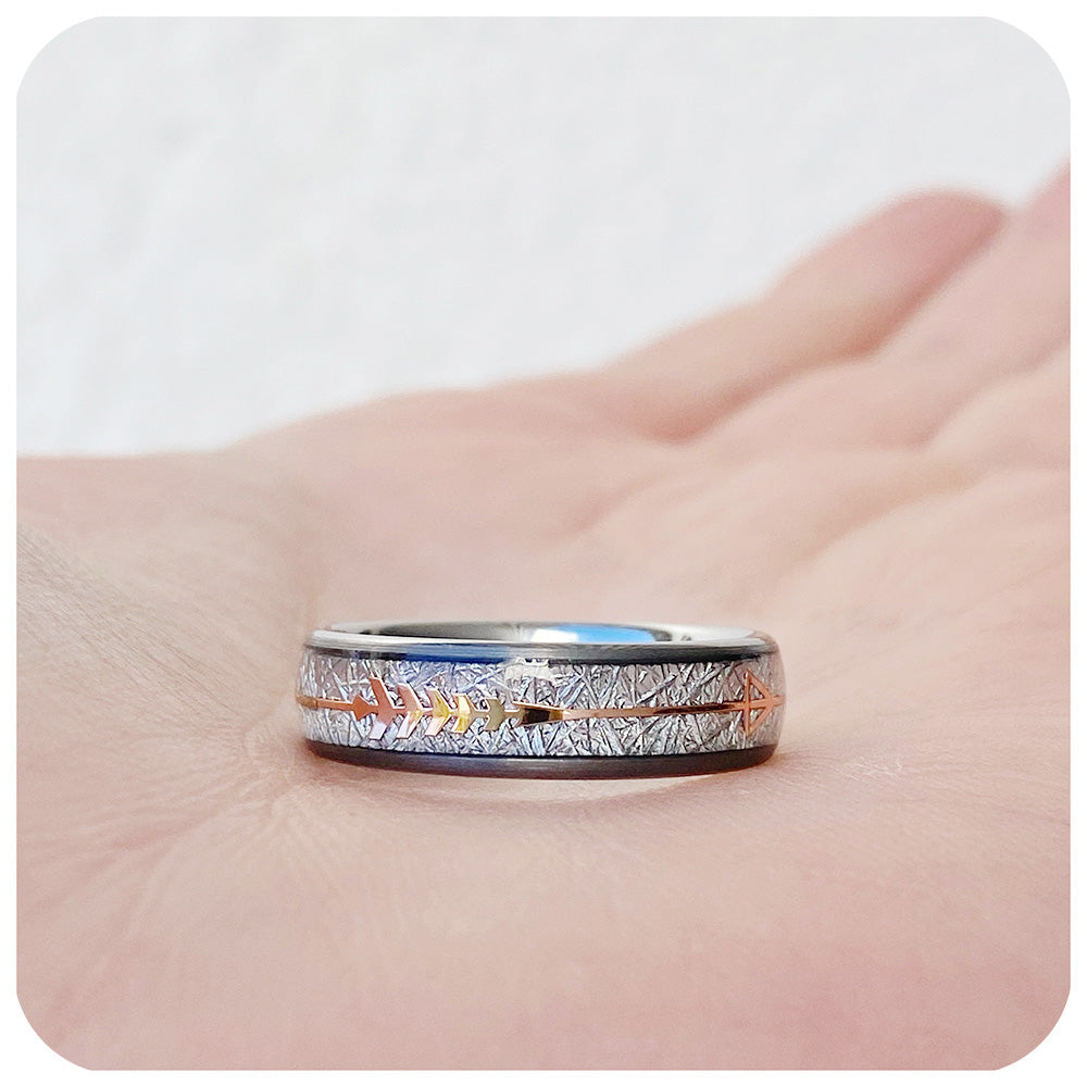 Silver Meteorite and Rose Gold Arrow, Mens Tungsten Wedding Ring - Victoria's Jewellery