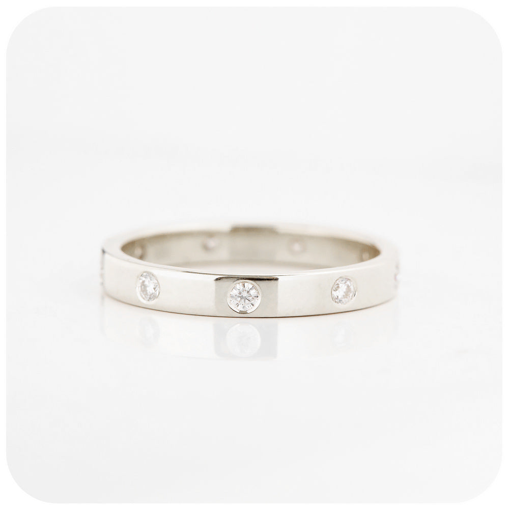 vintage style wedding band with brilliant cut moissanite flush set in a solid gold band - Victoria's Jewellery