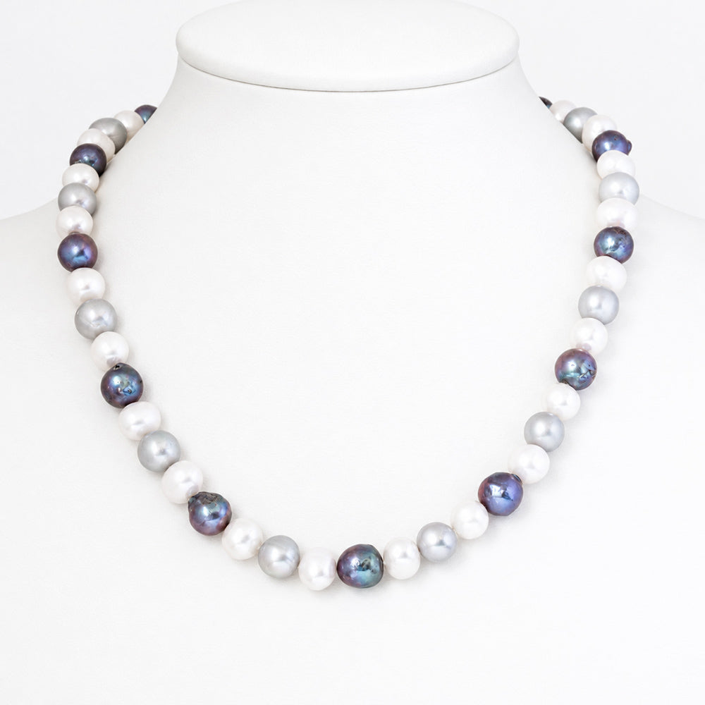 8-10mm White, Grey and Peacock Fresh Water Pearl Necklace