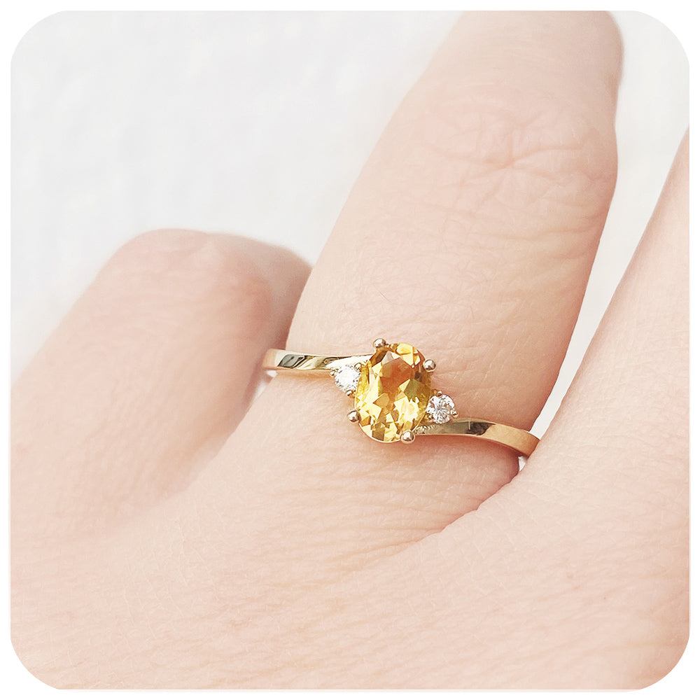 Oval cut Citrine and Lab Diamond Trilogy Engagement Ring in Yellow Gold - Victoria's Jewellery
