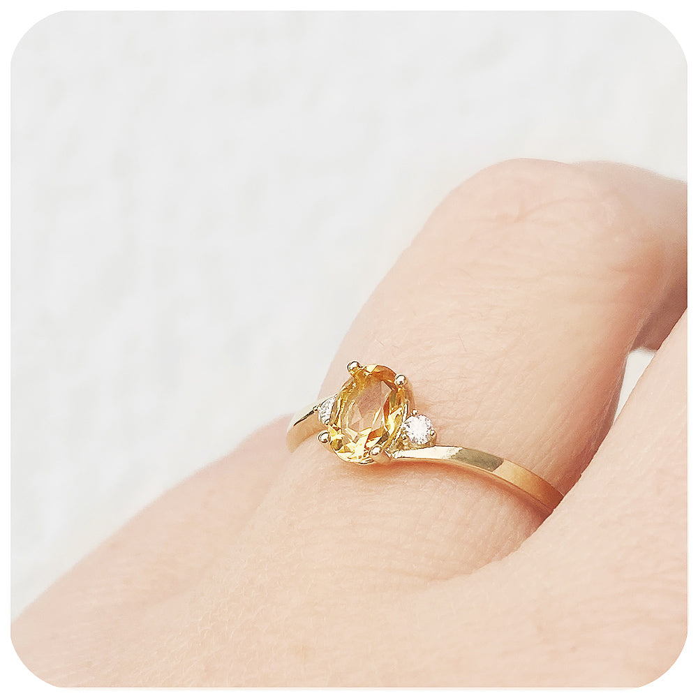 Oval cut Citrine and Lab Diamond Trilogy Engagement Ring in Yellow Gold - Victoria's Jewellery