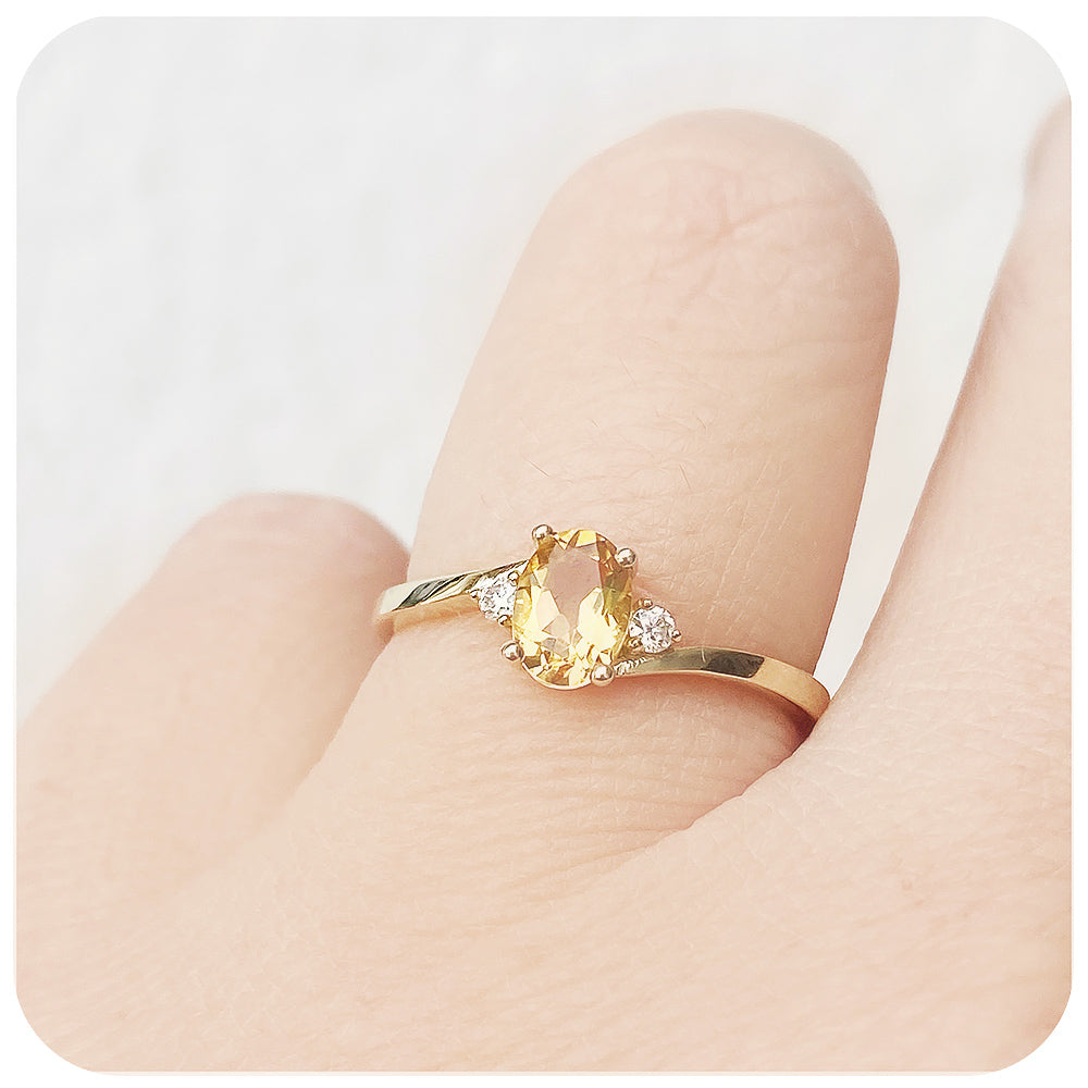 Oval cut Citrine and Lab Diamond Trilogy Engagement Ring in Yellow Gold - Victoria's Jewellery