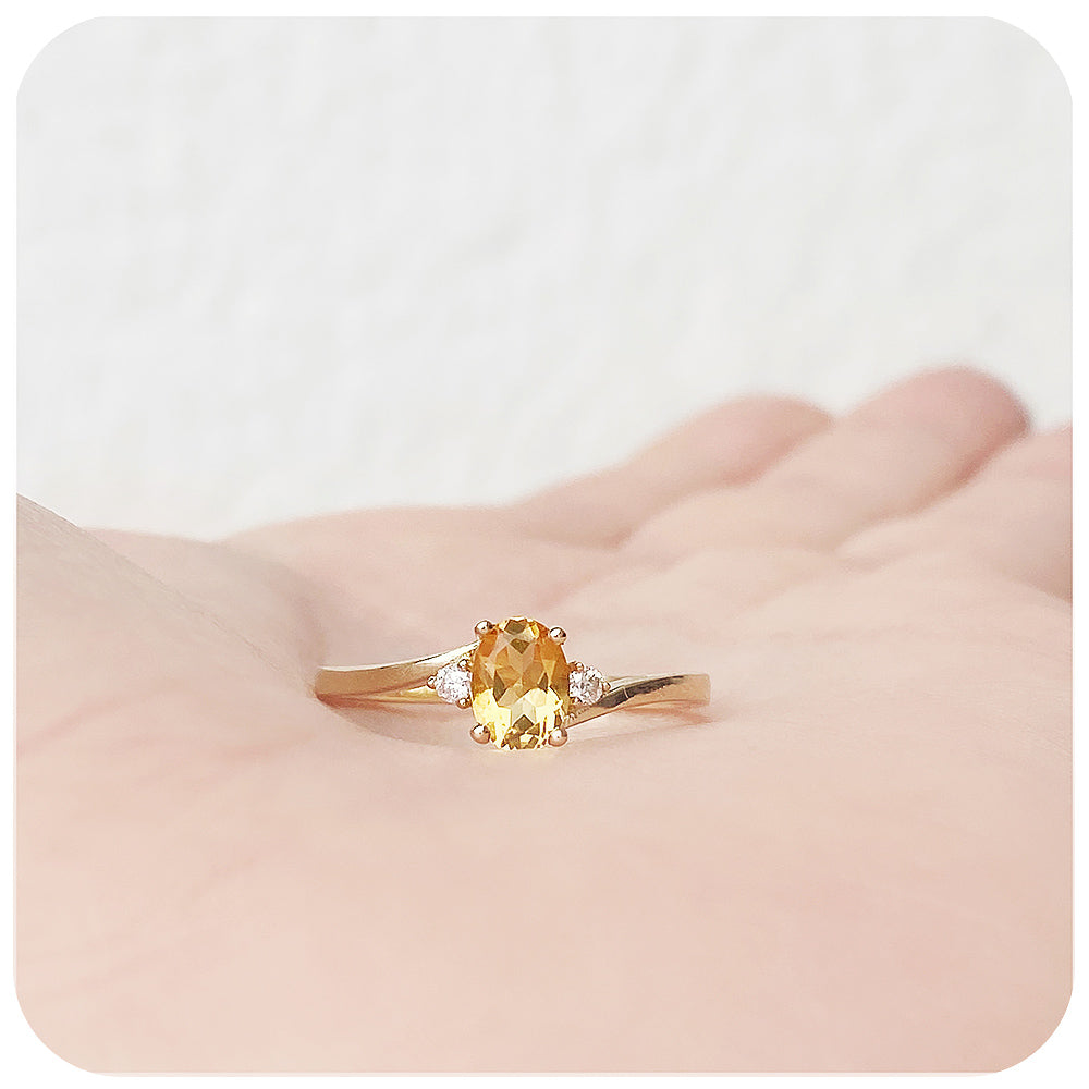 Oval cut Citrine and Lab Diamond Trilogy Engagement Ring in Yellow Gold - Victoria's Jewellery