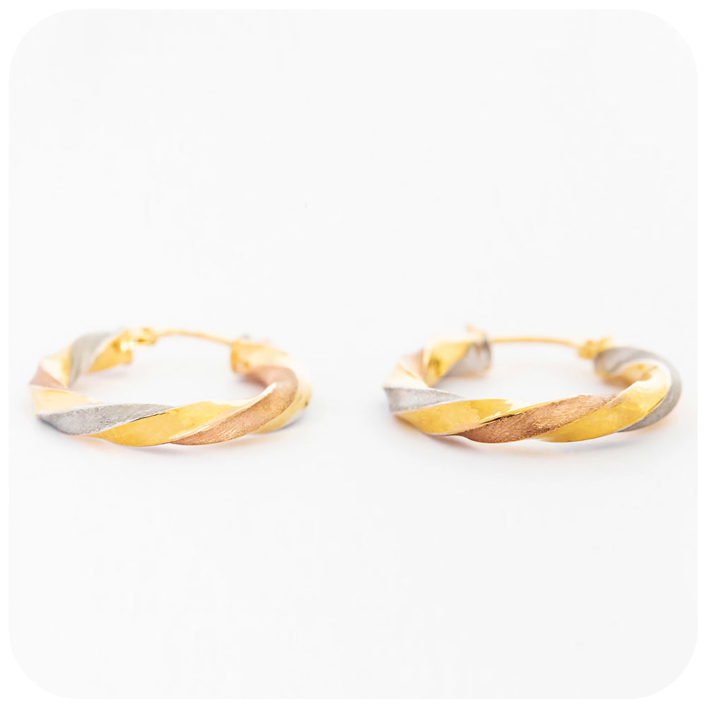 Three tone yellow, white and rose gold twisted hoop earrings - Victoria's Jewellery