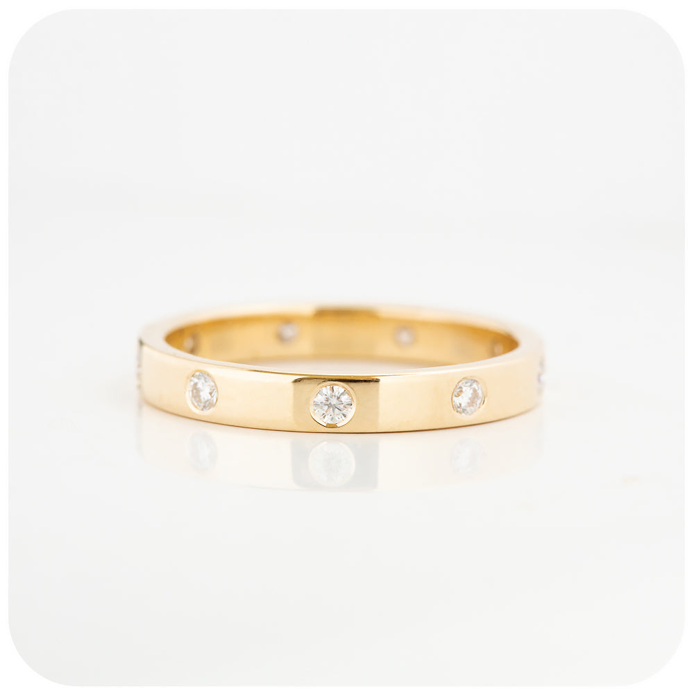 vintage style wedding band with brilliant cut moissanite flush set in a solid gold band - Victoria's Jewellery