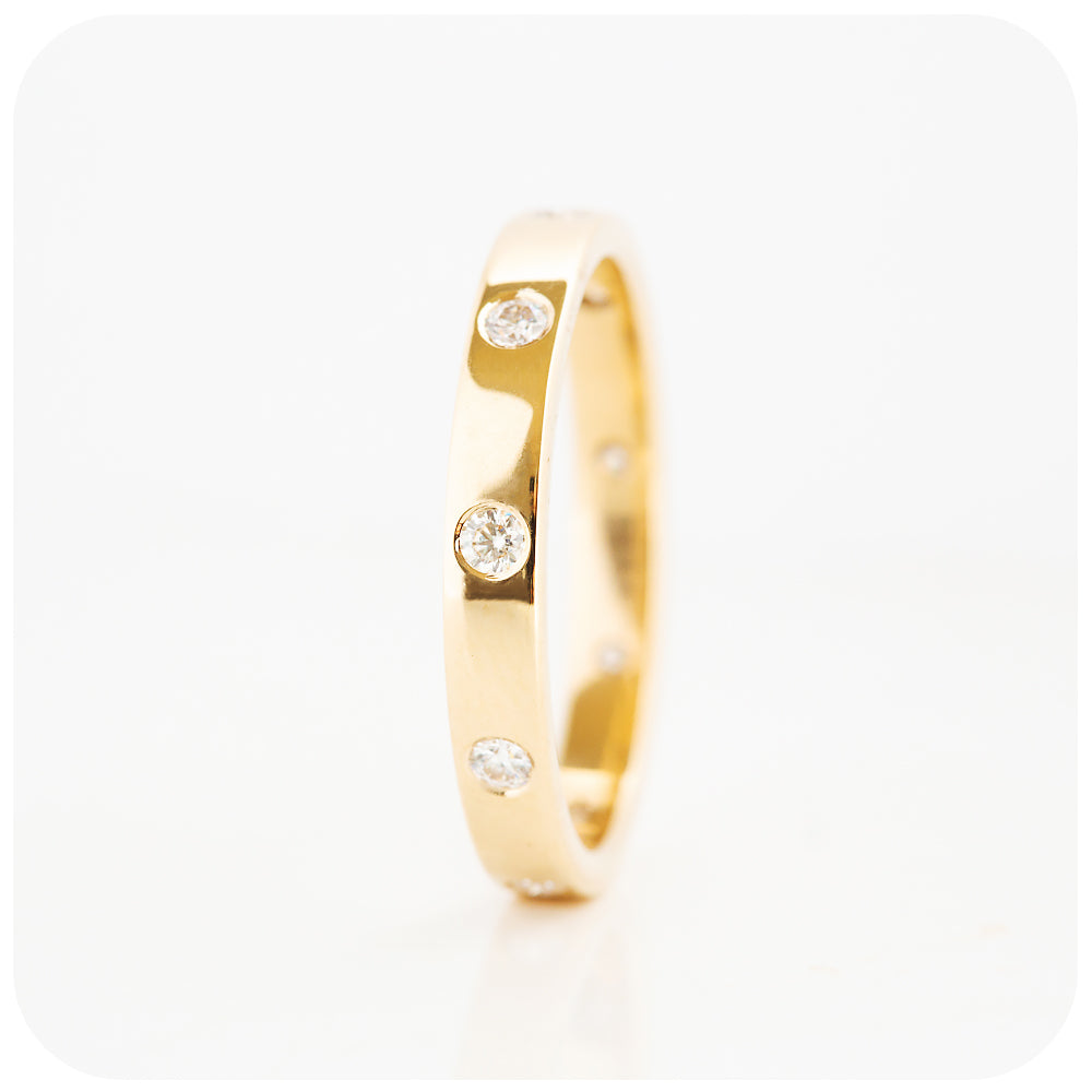 vintage style wedding band with brilliant cut moissanite flush set in a solid gold band - Victoria's Jewellery