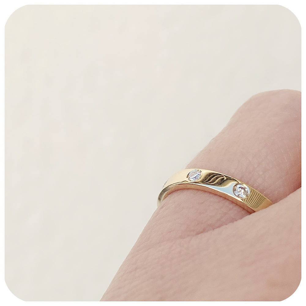 vintage style wedding band with brilliant cut moissanite flush set in a solid gold band - Victoria's Jewellery