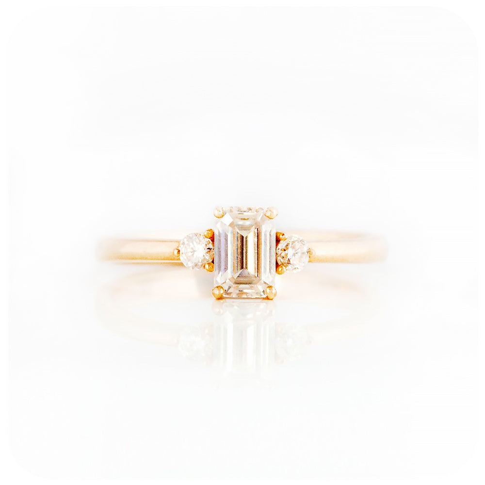 Emerald and Brilliant cut Moissanite Trilogy Engagement ring Rose Gold - Victoria's Jewellery