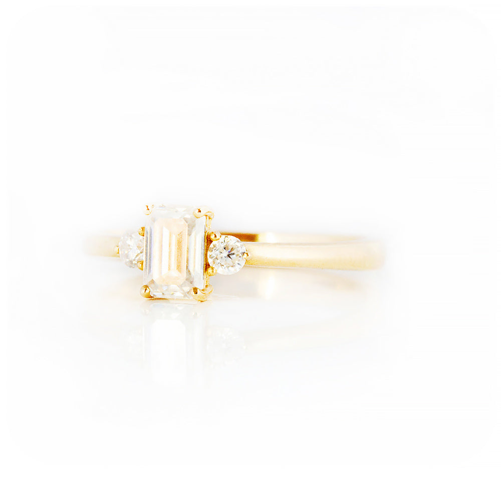 Emerald and Brilliant cut Moissanite Trilogy Engagement ring Yellow Gold - Victoria's Jewellery